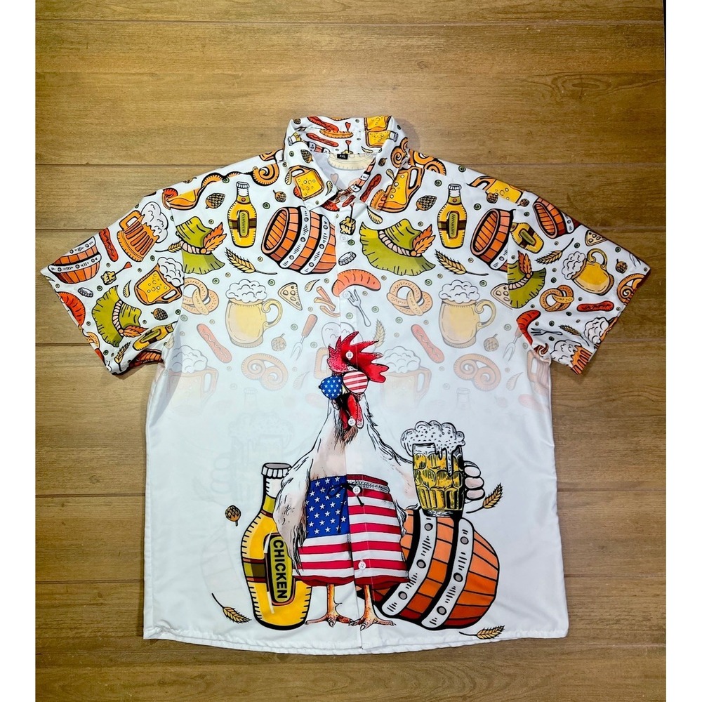 Chicken Drink Beer Hawaiian Shirt Chicken Merica Patriotic Hawaiian Shirt‎ Sz xL